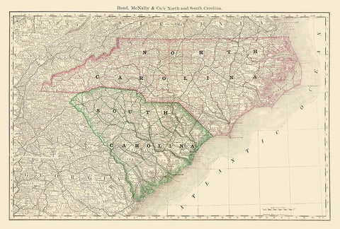 North Carolina, South Carolina - Rand McNally 1879 Black Ornate Wood Framed Art Print with Double Matting by Rand McNally