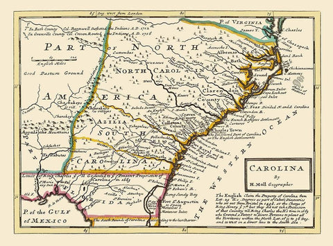 Carolinas - Bowles 1736 Black Ornate Wood Framed Art Print with Double Matting by Bowles