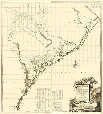 South Carolina, Part of Georgia - Jefferys 1757 Black Ornate Wood Framed Art Print with Double Matting by Jefferys