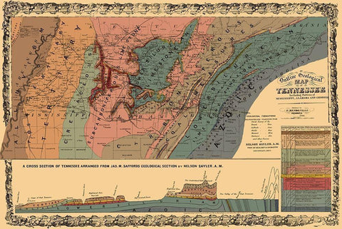 Tennessee Outline Geographical - Mendenhall 1866 Black Ornate Wood Framed Art Print with Double Matting by Mendenhall
