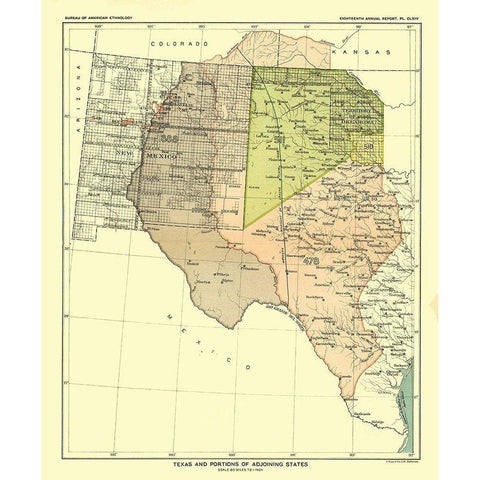 Texas - Adjoining States - Hoen 1896 Gold Ornate Wood Framed Art Print with Double Matting by Hoen