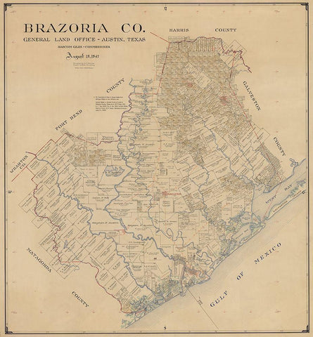 Brazoria County Texas - 1947 Black Ornate Wood Framed Art Print with Double Matting by Unknown