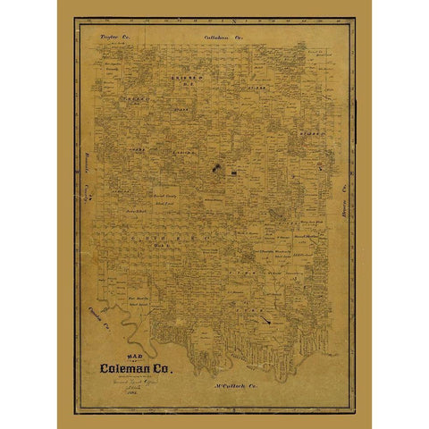 Coleman County Texas - Clark 1895 Gold Ornate Wood Framed Art Print with Double Matting by Clark