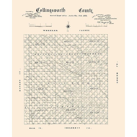Collingsworth County Texas - 1892 Gold Ornate Wood Framed Art Print with Double Matting by Unknown