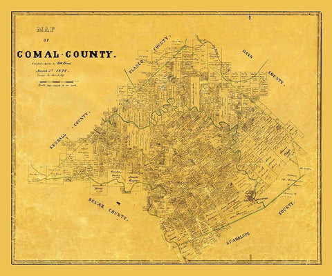 Comal County Texas - Groos 1874 Black Ornate Wood Framed Art Print with Double Matting by Groos