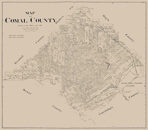 Comal County Texas - Pressler 1897 Black Ornate Wood Framed Art Print with Double Matting by Pressler