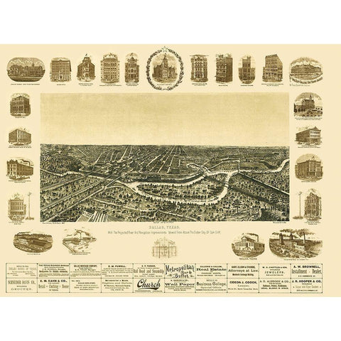 Dallas Texas - Giraud 1892 Gold Ornate Wood Framed Art Print with Double Matting by Giraud