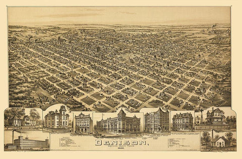 Denison Texas - Fowler 1891 Black Ornate Wood Framed Art Print with Double Matting by Fowler