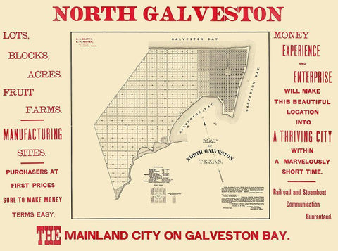 North Galveston Texas Plat - City Of Galveston Black Ornate Wood Framed Art Print with Double Matting by City Of Galveston