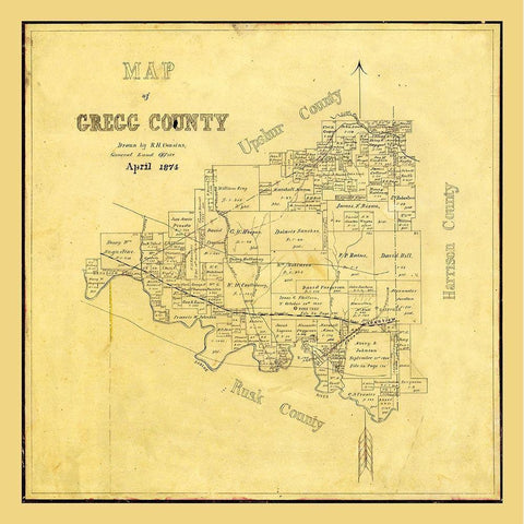 Gregg County Texas - Cousins 1874 Gold Ornate Wood Framed Art Print with Double Matting by Cousins