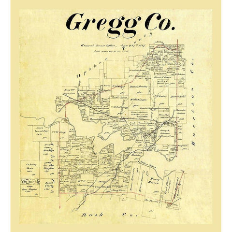 Gregg County Texas - Cousins 1874 Gold Ornate Wood Framed Art Print with Double Matting by Cousins