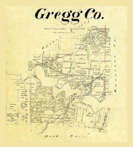Gregg County Texas - Cousins 1874 Black Ornate Wood Framed Art Print with Double Matting by Cousins
