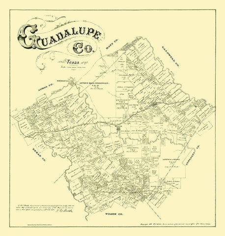 Guadalupe County Texas - Walsh 1880 Black Ornate Wood Framed Art Print with Double Matting by Walsh