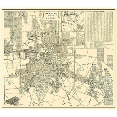 Houston Texas Street Guide - Kelsen 1913 Gold Ornate Wood Framed Art Print with Double Matting by Kelsen