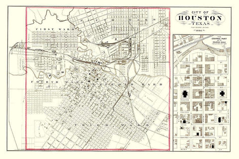 Houston Texas - 1884 Black Ornate Wood Framed Art Print with Double Matting by Unknown