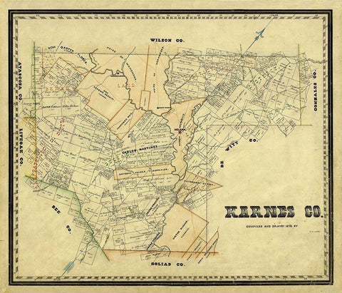 Karnes County Texas - Arlitt 1870 Black Ornate Wood Framed Art Print with Double Matting by Arlitt