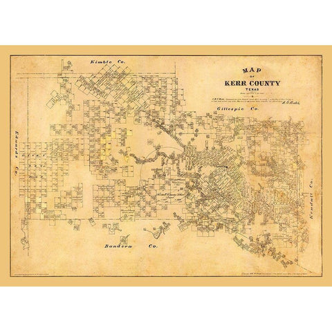 Kerr County Texas - Walsh 1879 Gold Ornate Wood Framed Art Print with Double Matting by Walsh