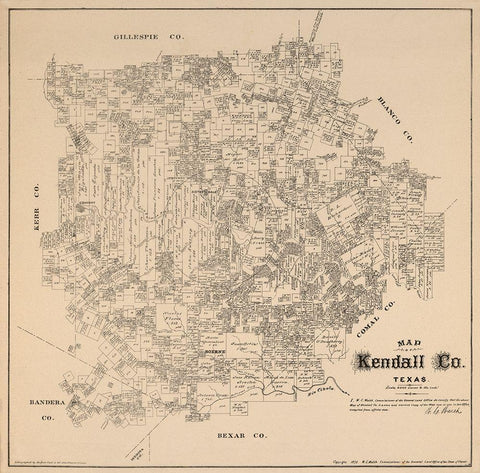 Kendall County Texas - Walsh 1879 Black Ornate Wood Framed Art Print with Double Matting by Walsh