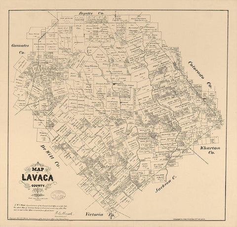 Lavaca County Texas - Walsh 1879 Black Ornate Wood Framed Art Print with Double Matting by Walsh
