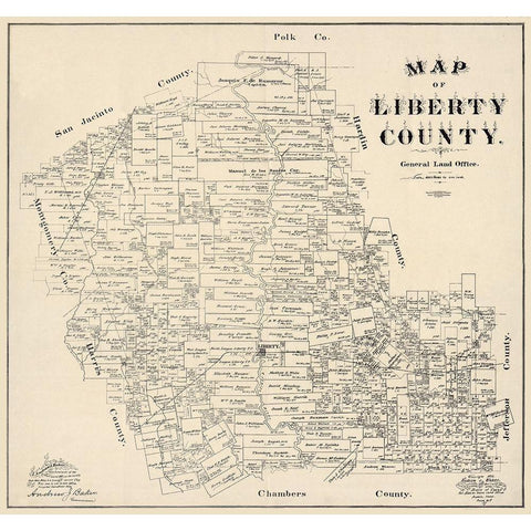 Liberty County Texas - Baker 1895 Gold Ornate Wood Framed Art Print with Double Matting by Baker