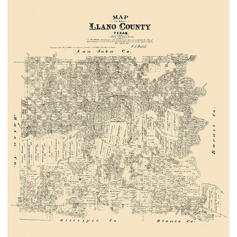 Llano County Texas - Walsh 1879 Black Modern Wood Framed Art Print with Double Matting by Walsh