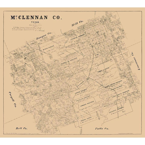 McLennan County Texas - Walsh 1880 Gold Ornate Wood Framed Art Print with Double Matting by Walsh
