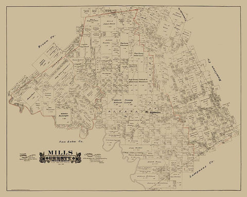 Mills County Texas - Hall 1888 Black Ornate Wood Framed Art Print with Double Matting by Hall