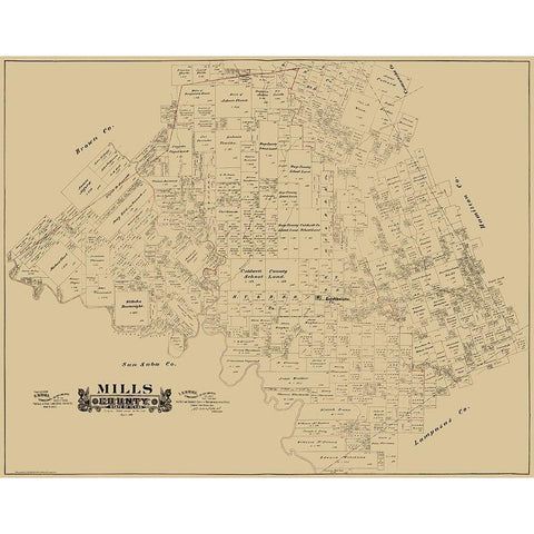 Mills County Texas - Hall 1888 Black Modern Wood Framed Art Print by Hall