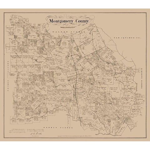 Montgomery County Texas - Walsh 1880 Gold Ornate Wood Framed Art Print with Double Matting by Walsh