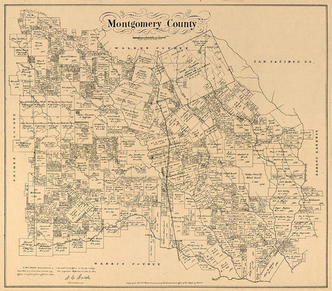 Montgomery County Texas - Walsh 1880 Black Ornate Wood Framed Art Print with Double Matting by Walsh