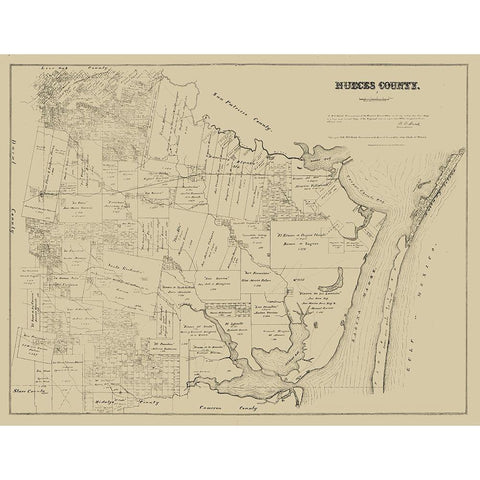 Nueces County Texas - Walsh 1879 Gold Ornate Wood Framed Art Print with Double Matting by Walsh