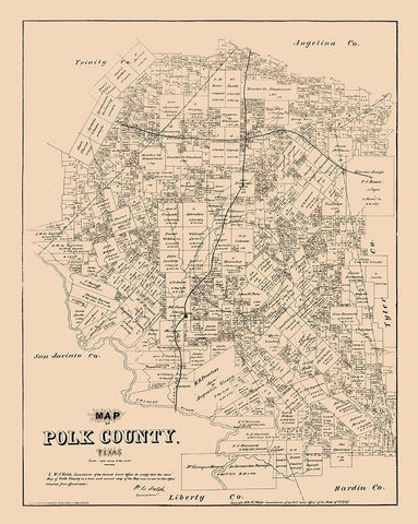 Polk County Texas - Walsh 1879 Black Ornate Wood Framed Art Print with Double Matting by Walsh