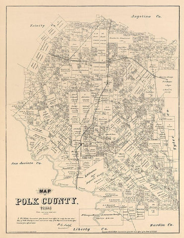 Polk County Texas - Walsh 1879 Black Ornate Wood Framed Art Print with Double Matting by Walsh
