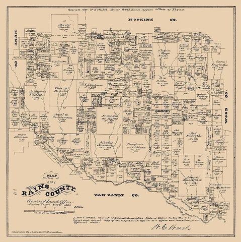 Rains County Texas - Walsh 1880 Black Ornate Wood Framed Art Print with Double Matting by Walsh