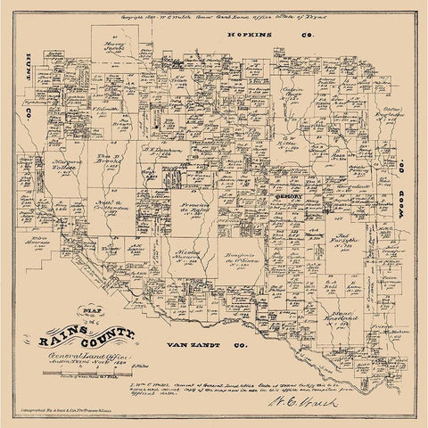 Rains County Texas - Walsh 1880 Gold Ornate Wood Framed Art Print with Double Matting by Walsh