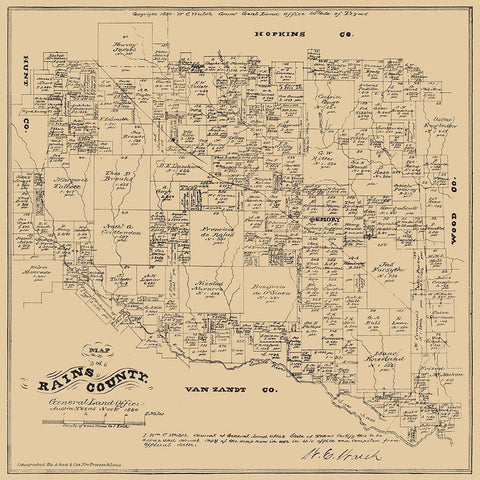 Rains County Texas - Walsh 1880 Black Ornate Wood Framed Art Print with Double Matting by Walsh