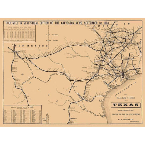 Railroad System Of Texas - Hensoldt 1883 Gold Ornate Wood Framed Art Print with Double Matting by Hensoldt