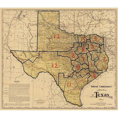 Railroad Commissioners Map of Texas -1897 White Modern Wood Framed Art Print by Unknown