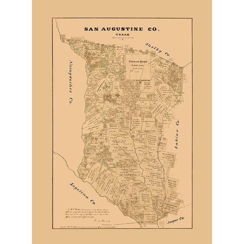 San Augustine County Texas - Walsh 1879 Black Modern Wood Framed Art Print with Double Matting by Walsh