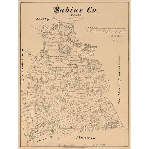 Sabine County Texas - Walsh 1879 Black Modern Wood Framed Art Print with Double Matting by Walsh