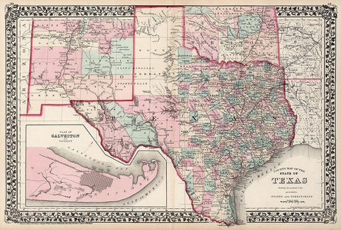 Texas Counties - Gamble 1876 White Modern Wood Framed Art Print with Double Matting by Gamble