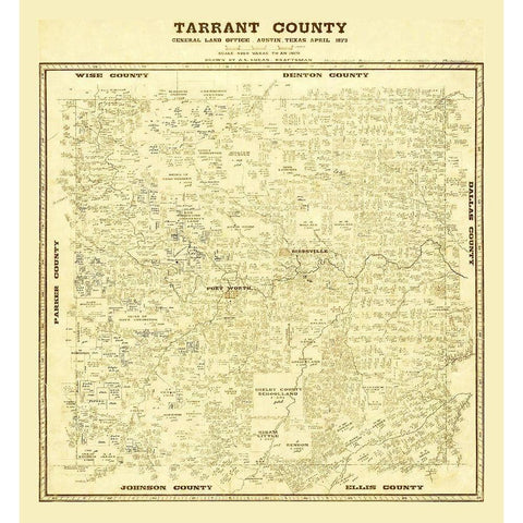 Tarrant County Texas - Lucas 1873 Gold Ornate Wood Framed Art Print with Double Matting by Lucas
