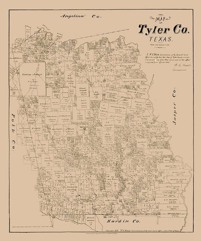 Tyler County Texas - Walsh 1879 Black Ornate Wood Framed Art Print with Double Matting by Walsh