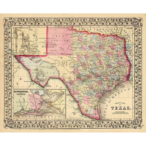 Texas County Map - Mitchell 1870 Gold Ornate Wood Framed Art Print with Double Matting by Mitchell