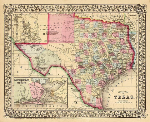 Texas County Map - Mitchell 1870 Black Ornate Wood Framed Art Print with Double Matting by Mitchell