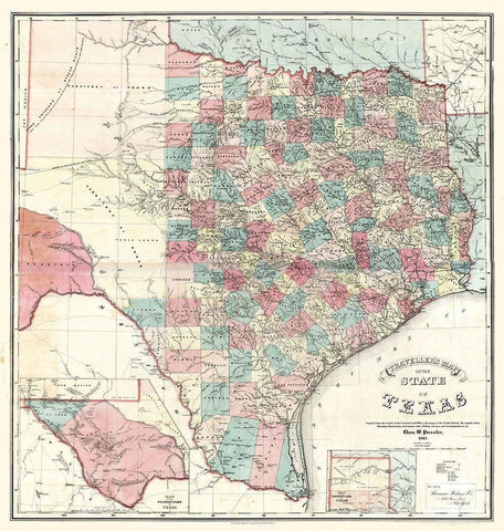 Travellers Map Texas - Pressler 1867 Black Ornate Wood Framed Art Print with Double Matting by Pressler