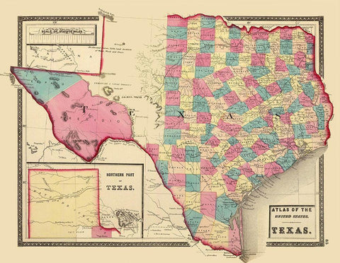 Texas - Northern Texas - Walling 1872 Black Ornate Wood Framed Art Print with Double Matting by Walling
