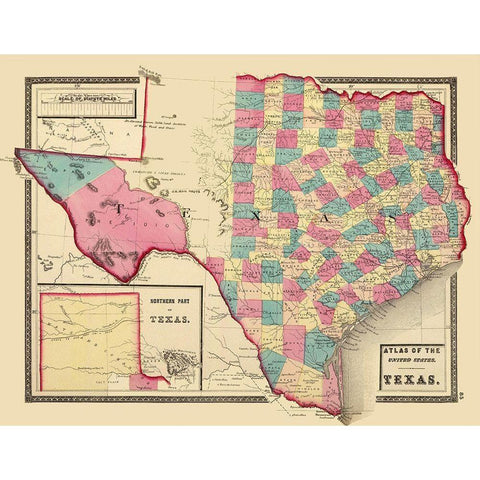 Texas - Northern Texas - Walling 1872 Gold Ornate Wood Framed Art Print with Double Matting by Walling