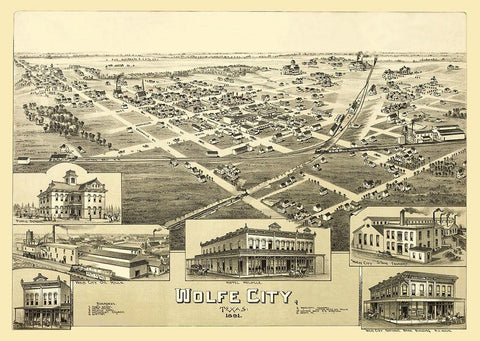 Wolfe City Texas - Fowler 1891 Black Ornate Wood Framed Art Print with Double Matting by Fowler