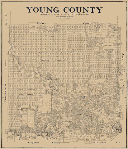 Young County Texas - Clark 1897 Black Ornate Wood Framed Art Print with Double Matting by Clark